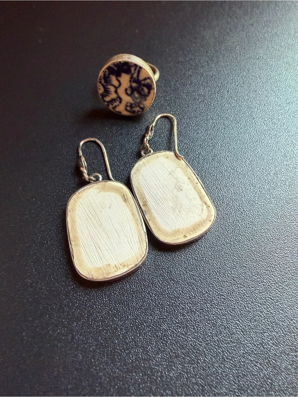 Artisan Blue and White Porcelain Floral Ring & Matching Earrings Set